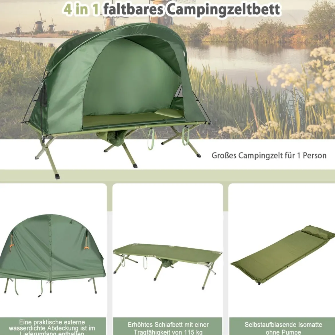4 in 1faltbares Campingzelt für 1 Person mit Abdeckung und Matratze 200 x 87 x 154 cm Grün