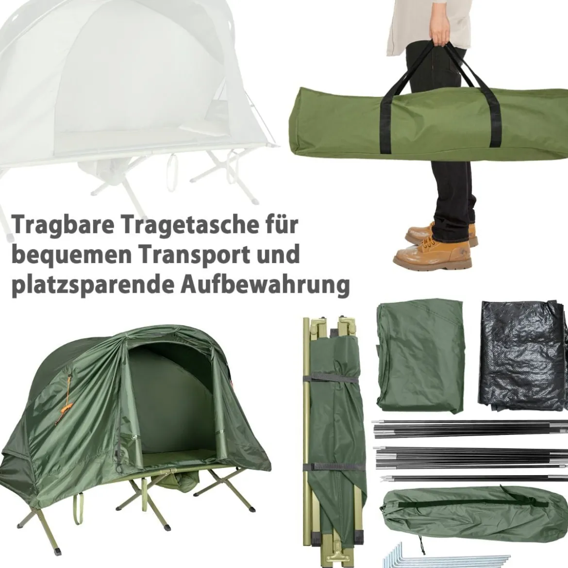 4 in 1faltbares Campingzelt für 1 Person mit Abdeckung und Matratze 200 x 87 x 154 cm Grün