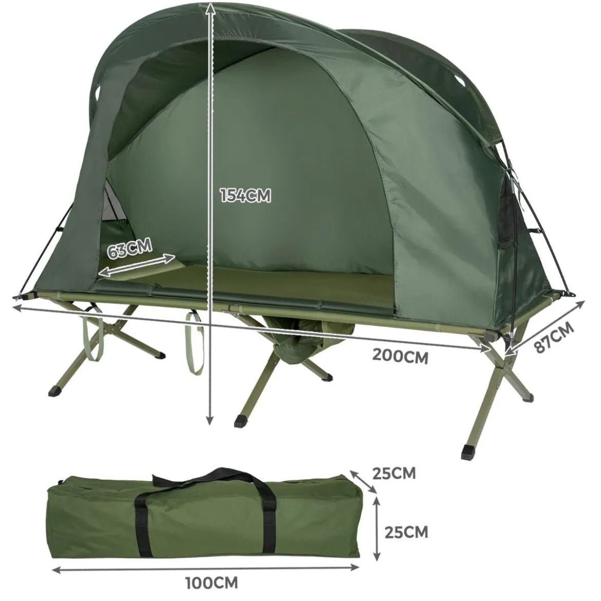 4 in 1faltbares Campingzelt für 1 Person mit Abdeckung und Matratze 200 x 87 x 154 cm Grün