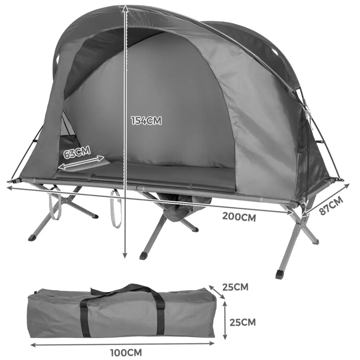4 in 1 faltbares Outdoorzelt für 1 Person mit Abdeckung und Matratze 200 x 87 x 154 cm Grau