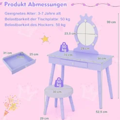 2 in 1 Frisiertisch Prinzessin mit Abnehmbarem Spiegel & Schublade Kinder Schminktisch