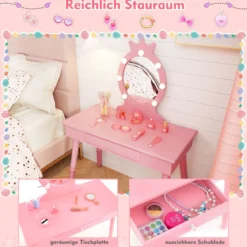 2 in 1 Frisiertisch Prinzessin mit Abnehmbarem Spiegel & Schublade Kinder Schminktisch