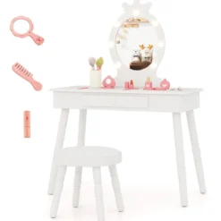2 in 1 Frisiertisch Prinzessin mit Abnehmbarem Spiegel & Schublade Kinder Schminktisch