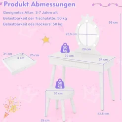 2 in 1 Frisiertisch Prinzessin mit Abnehmbarem Spiegel & Schublade Kinder Schminktisch