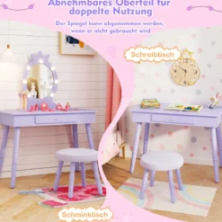 2 in 1 Frisiertisch Prinzessin mit Abnehmbarem Spiegel & Schublade Kinder Schminktisch