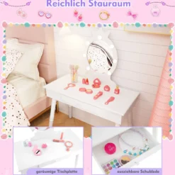 2 in 1 Frisiertisch Prinzessin mit Abnehmbarem Spiegel & Schublade Kinder Schminktisch