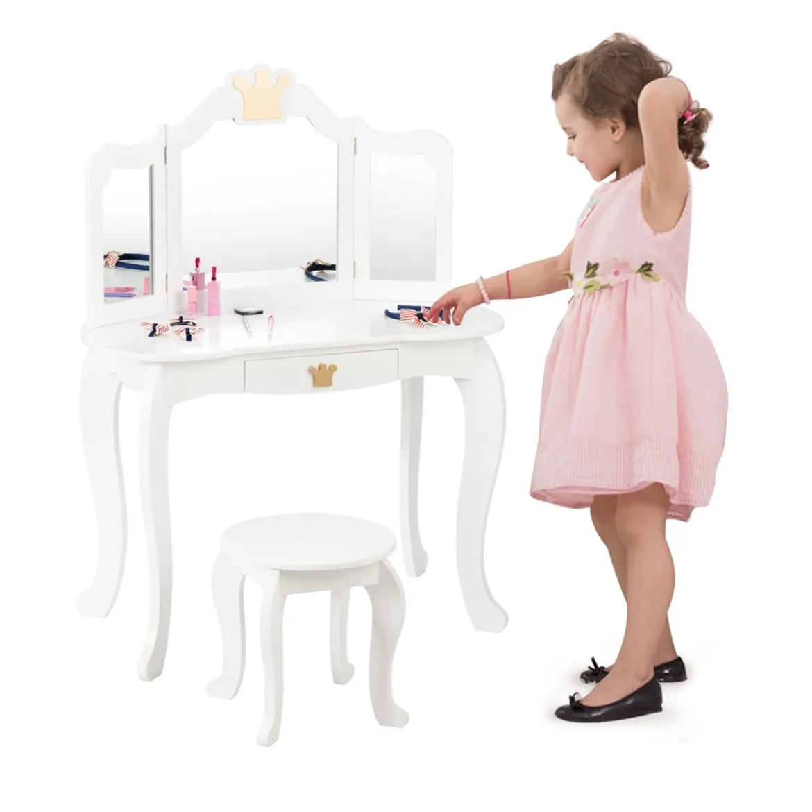 2 in 1 Frisiertisch Set Kinder Schminktisch Mädchen Frisiertisch Holz Spiegeltisch Weiß 80x42x105cm