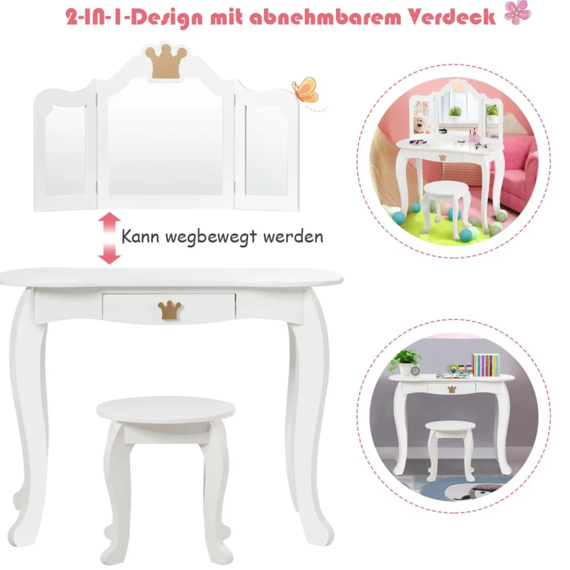 2 in 1 Frisiertisch Set Kinder Schminktisch Mädchen Frisiertisch Holz Spiegeltisch Weiß 80x42x105cm