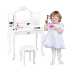 2 in 1 Frisiertisch Set Kinder Schminktisch Mädchen Frisiertisch Holz Spiegeltisch Weiß 80x42x105cm