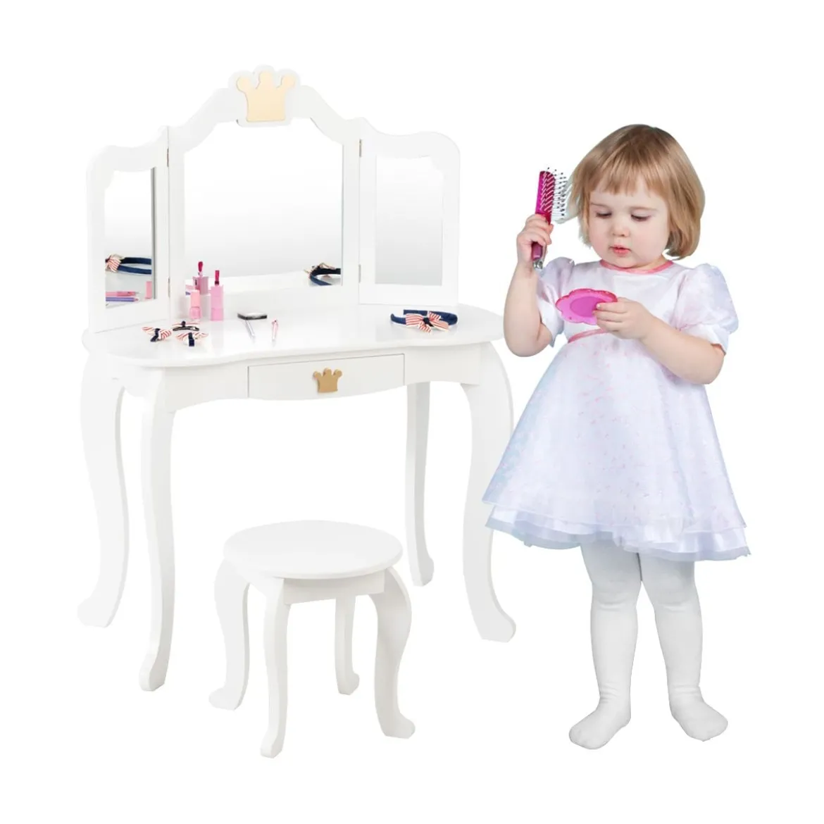 2 in 1 Frisiertisch Set Kinder Schminktisch Mädchen Frisiertisch Holz Spiegeltisch Weiß 80x42x105cm