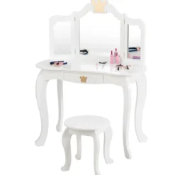 2 in 1 Frisiertisch Set Kinder Schminktisch Mädchen Frisiertisch Holz Spiegeltisch Weiß 80x42x105cm