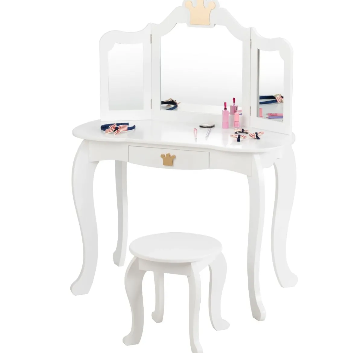 2 in 1 Frisiertisch Set Kinder Schminktisch Mädchen Frisiertisch Holz Spiegeltisch Weiß 80x42x105cm