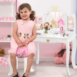 2 in 1 Frisiertisch Set Kinder Schminktisch Mädchen Frisiertisch Holz Spiegeltisch Weiß 80x42x105cm