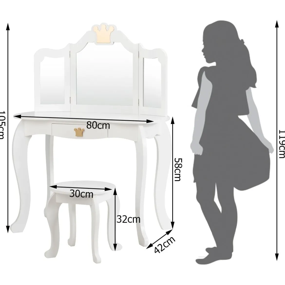 2 in 1 Frisiertisch Set Kinder Schminktisch Mädchen Frisiertisch Holz Spiegeltisch Weiß 80x42x105cm