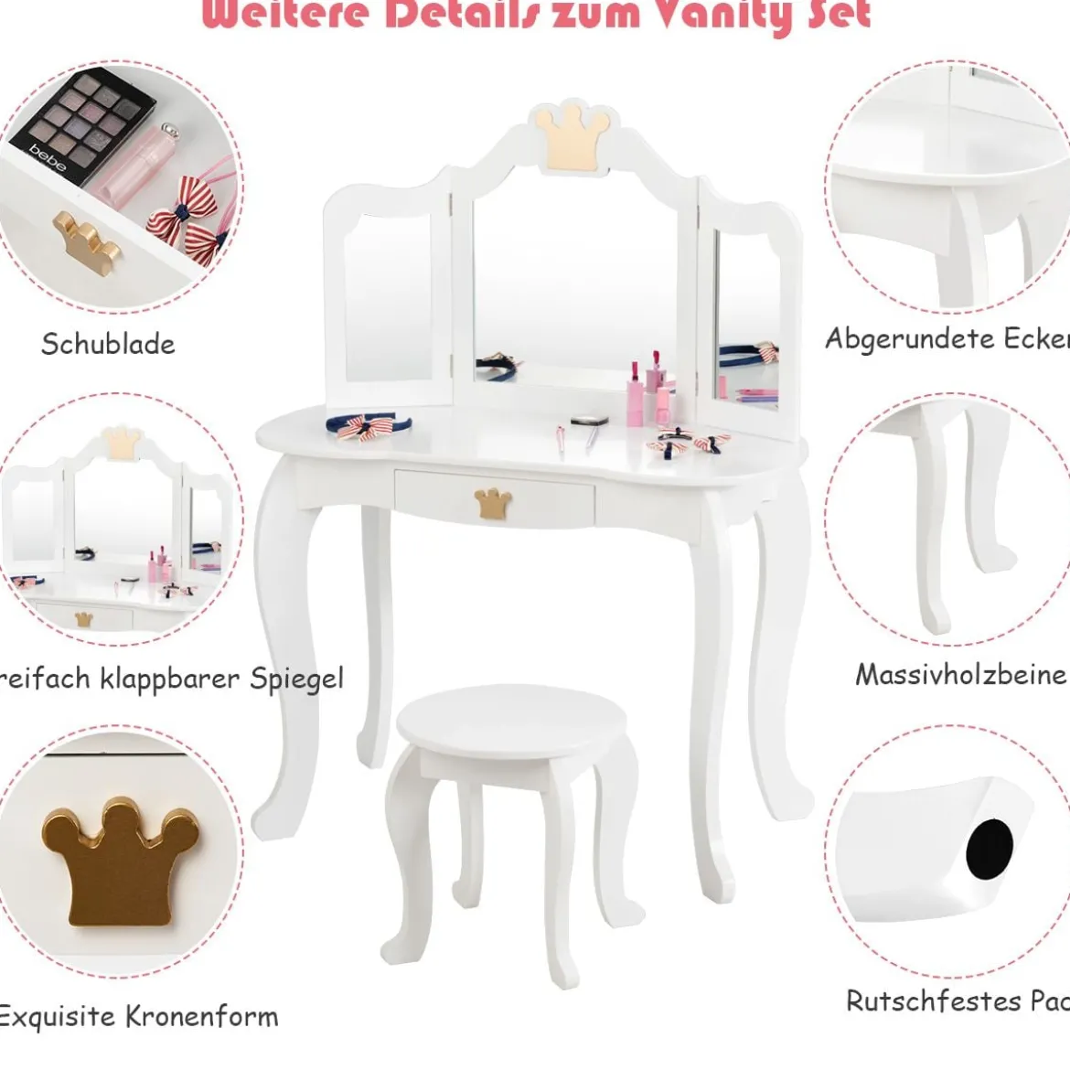 2 in 1 Frisiertisch Set Kinder Schminktisch Mädchen Frisiertisch Holz Spiegeltisch Weiß 80x42x105cm