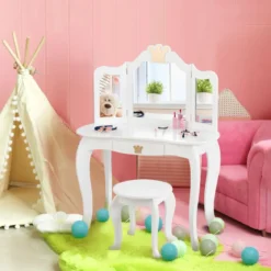 2 in 1 Frisiertisch Set Kinder Schminktisch Mädchen Frisiertisch Holz Spiegeltisch Weiß 80x42x105cm