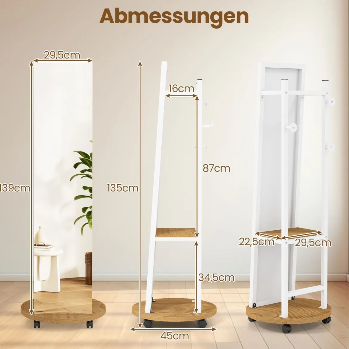 2 in 1 Ganzkörperspiegel mit 3 Haken & Ablagefächern & Universalrädern Weiß