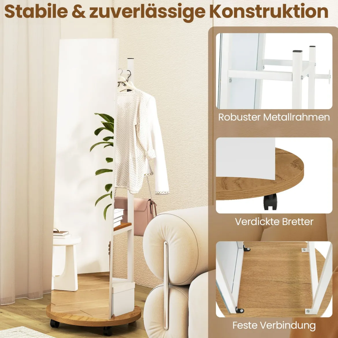 2 in 1 Ganzkörperspiegel mit 3 Haken & Ablagefächern & Universalrädern Weiß