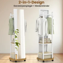 2 in 1 Ganzkörperspiegel mit 3 Haken & Ablagefächern & Universalrädern Weiß