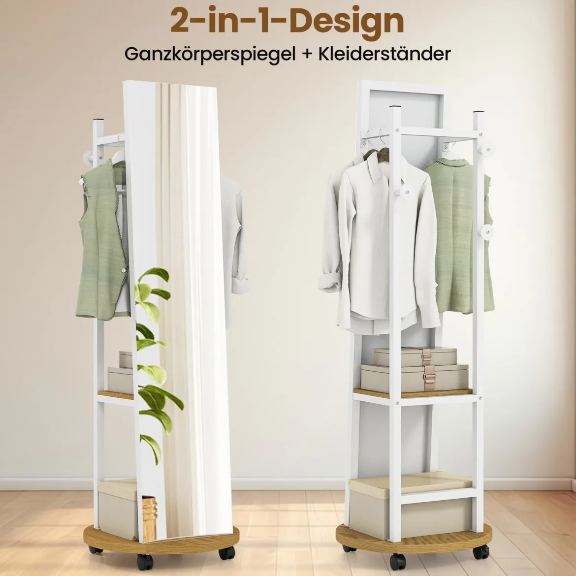 2 in 1 Ganzkörperspiegel mit 3 Haken & Ablagefächern & Universalrädern Weiß