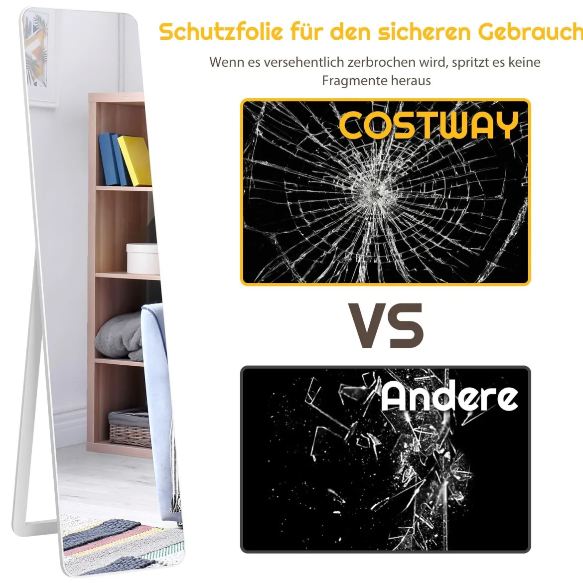 2 in 1 Ganzkörperspiegel Standspiegel und Wandspiegel 160 x 37 cm Weiß