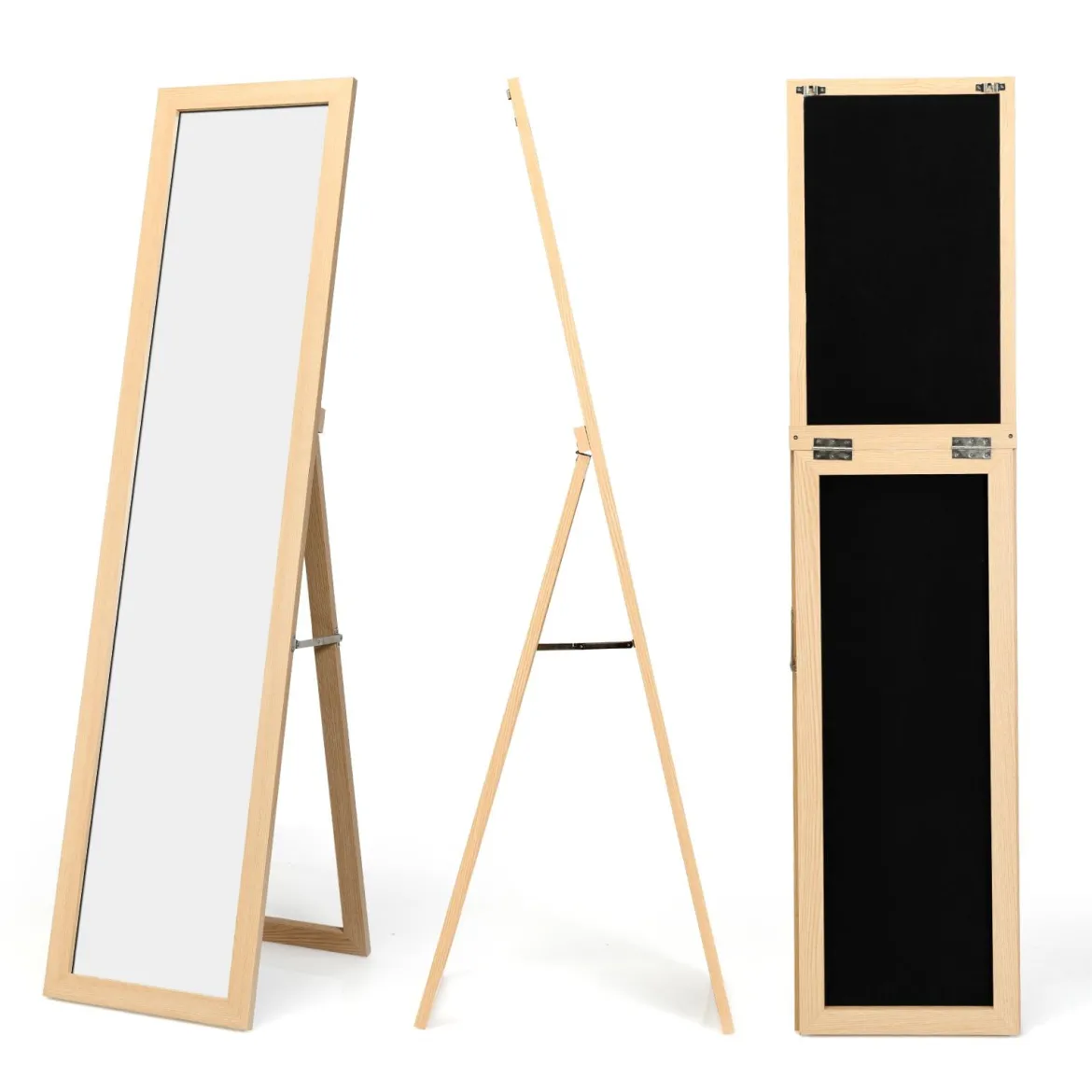 2 in 1 Ganzkörperspiegel Standspiegel und Wandspiegel mit Holzrahmen 37 x 155 cm Natur