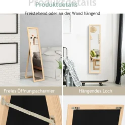 2 in 1 Ganzkörperspiegel Standspiegel und Wandspiegel mit Holzrahmen 37 x 155 cm Natur