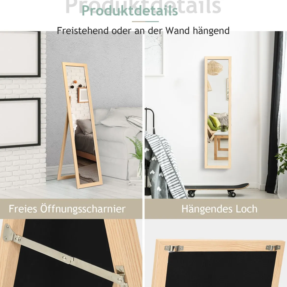 2 in 1 Ganzkörperspiegel Standspiegel und Wandspiegel mit Holzrahmen 37 x 155 cm Natur