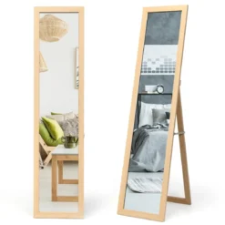 2 in 1 Ganzkörperspiegel Standspiegel und Wandspiegel mit Holzrahmen 37 x 155 cm Natur