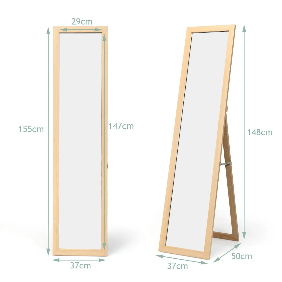 2 in 1 Ganzkörperspiegel Standspiegel und Wandspiegel mit Holzrahmen 37 x 155 cm Natur