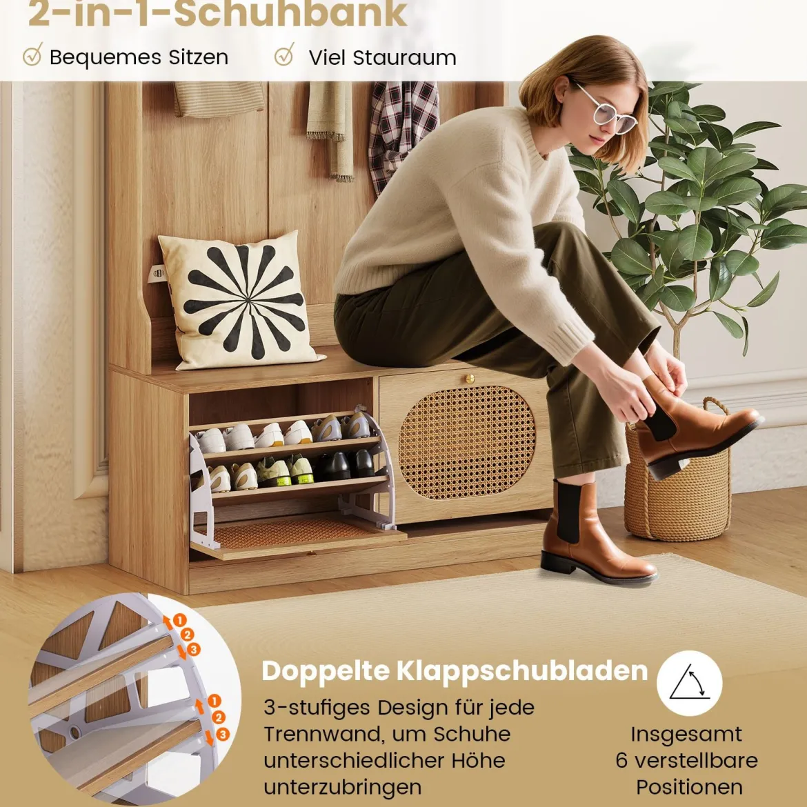 4-in-1 Garderobenbaum Eingangsbank mit Garderobe & Klappschubladen Bauernhaus-Aufbewahrungsorganizer Natur