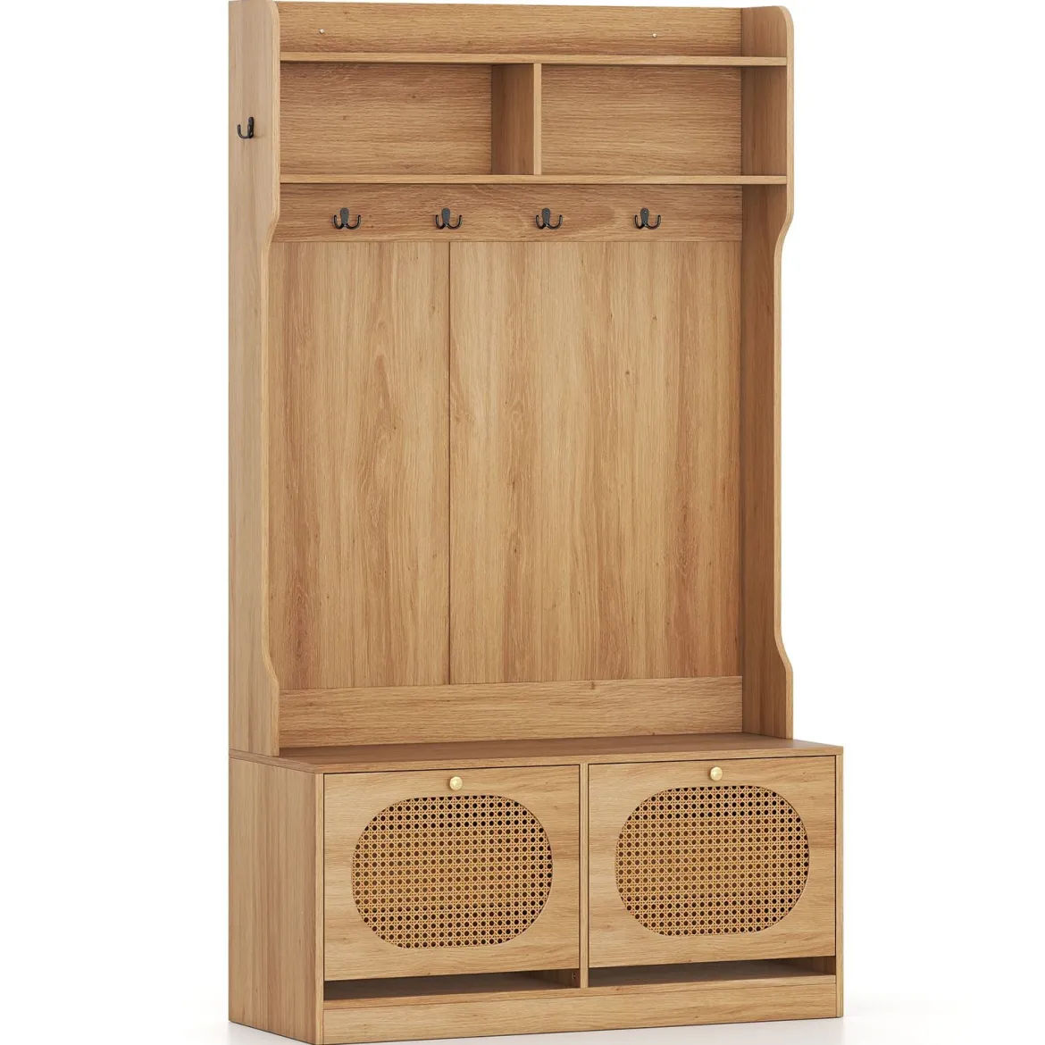 4-in-1 Garderobenbaum Eingangsbank mit Garderobe & Klappschubladen Bauernhaus-Aufbewahrungsorganizer Natur