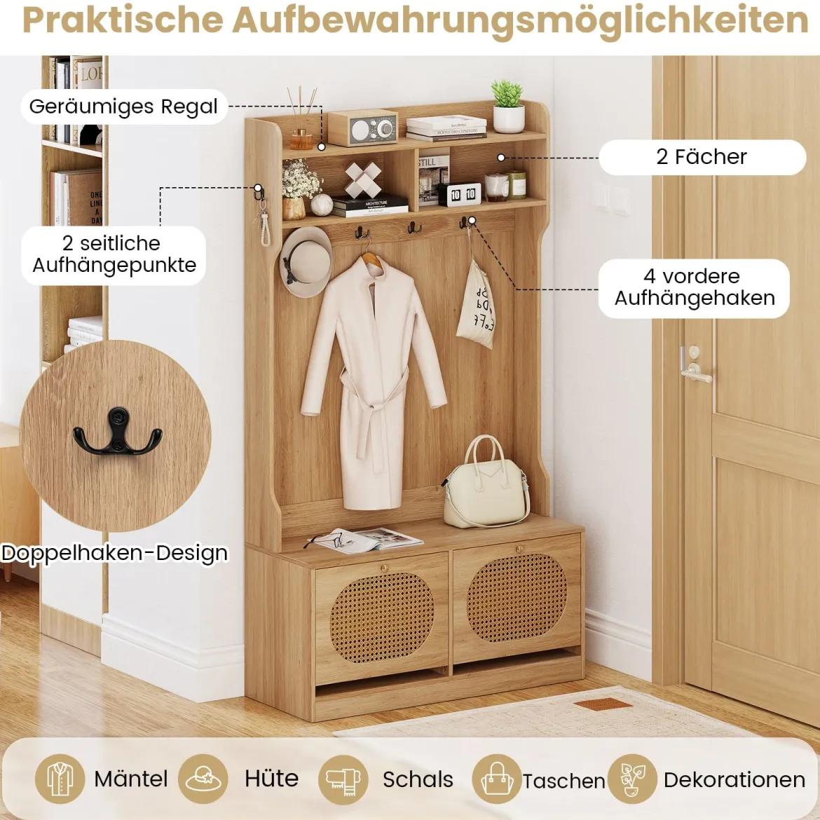 4-in-1 Garderobenbaum Eingangsbank mit Garderobe & Klappschubladen Bauernhaus-Aufbewahrungsorganizer Natur