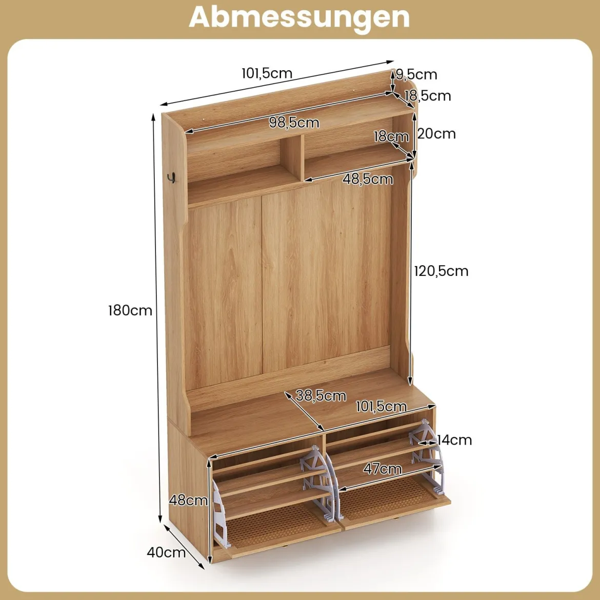 4-in-1 Garderobenbaum Eingangsbank mit Garderobe & Klappschubladen Bauernhaus-Aufbewahrungsorganizer Natur
