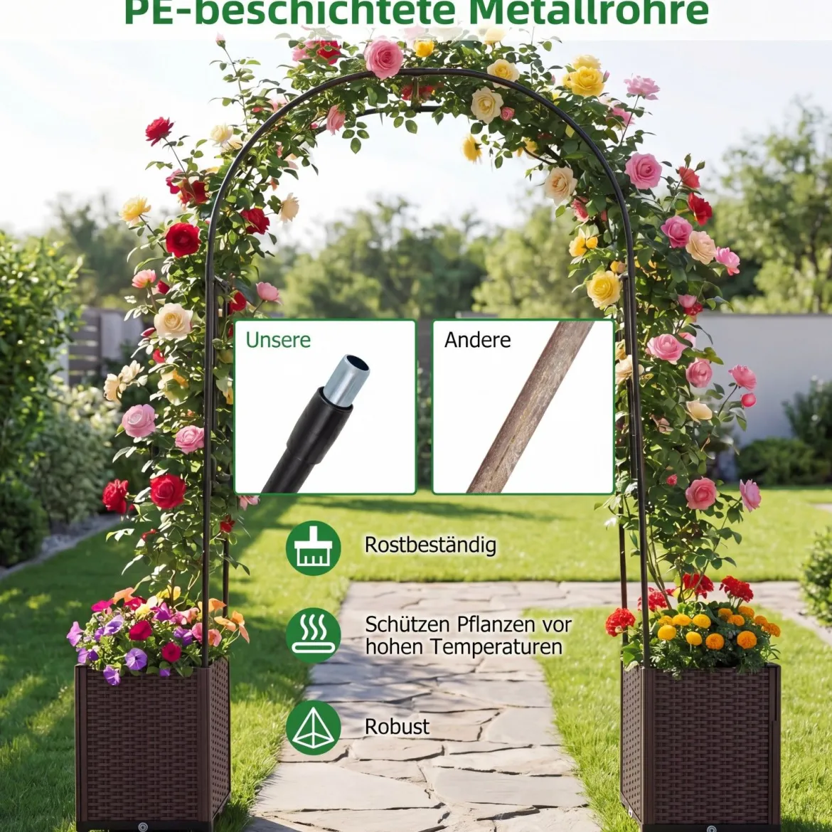 2 in 1 Gartenbogen 230 cm Rosenbogen mit 2 Selbstbewässerungs-Pflanzkästen