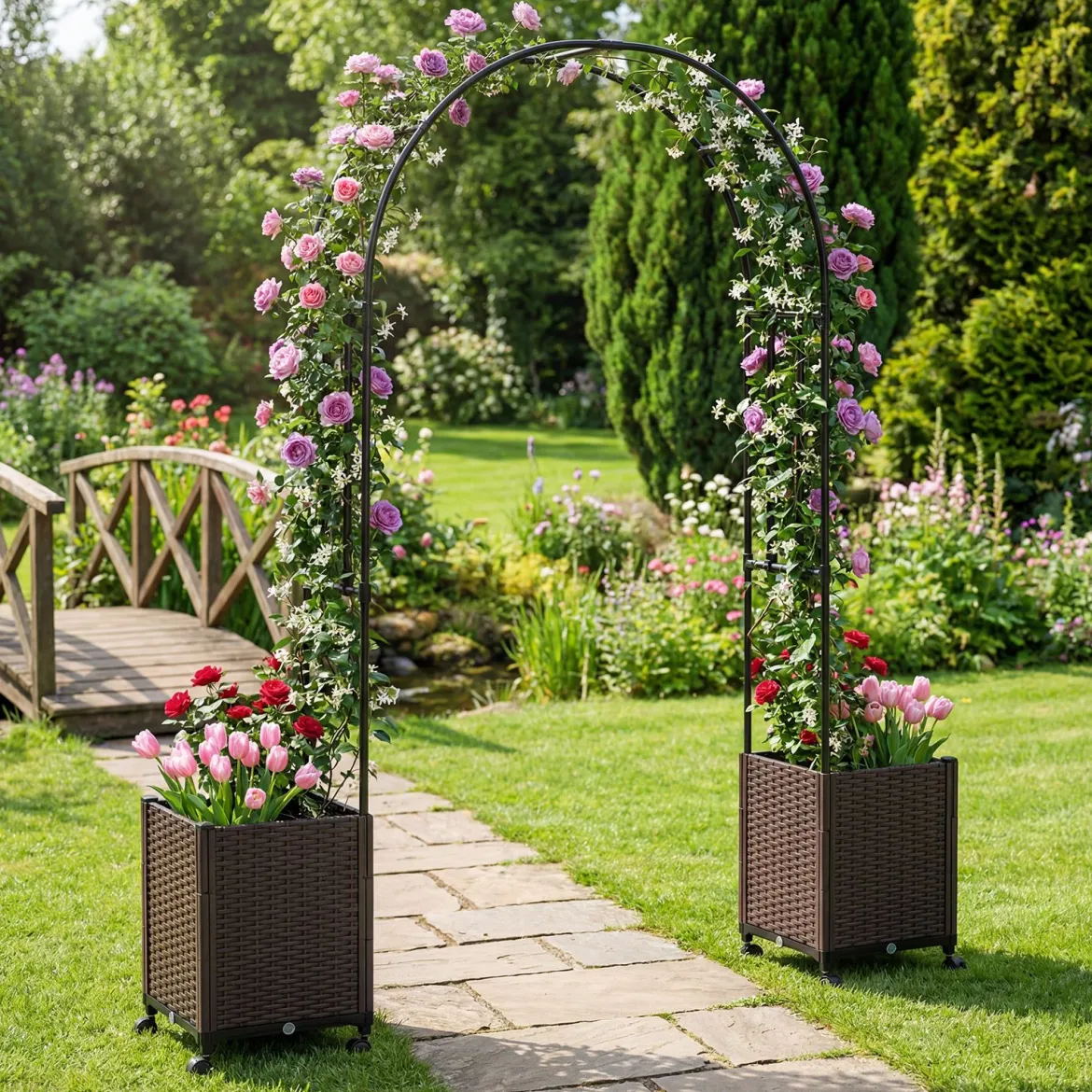 2 in 1 Gartenbogen 230 cm Rosenbogen mit 2 Selbstbewässerungs-Pflanzkästen