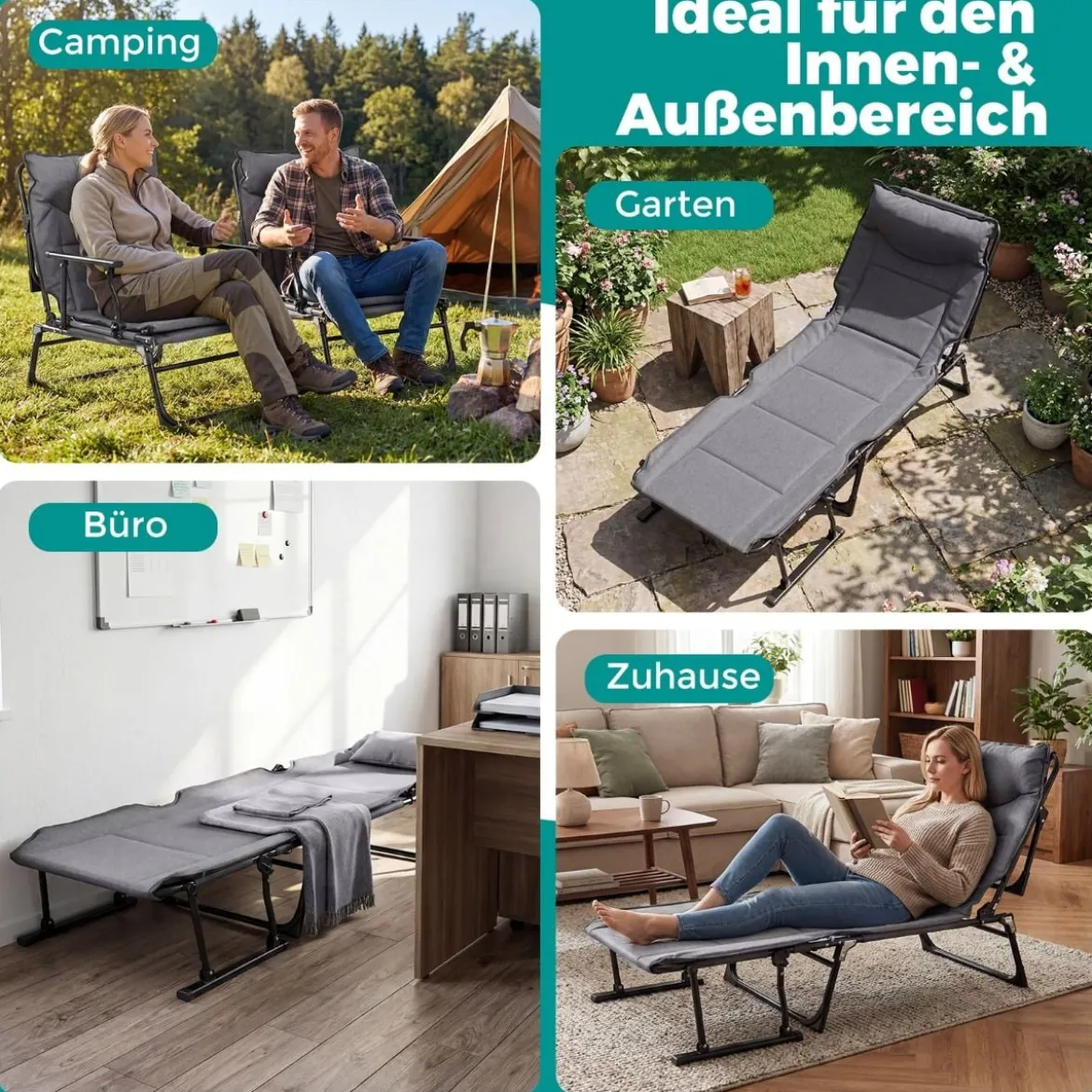 3 in 1 Gartenliege mit Kopfstütze & Verstellbarer Rückenlehne Klappbare Sonnenliege 180 x 67,5 x 37 cm