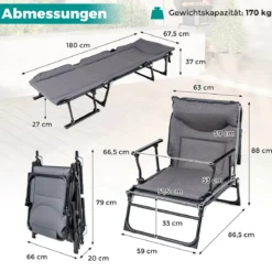 3 in 1 Gartenliege mit Kopfstütze & Verstellbarer Rückenlehne Klappbare Sonnenliege 180 x 67,5 x 37 cm