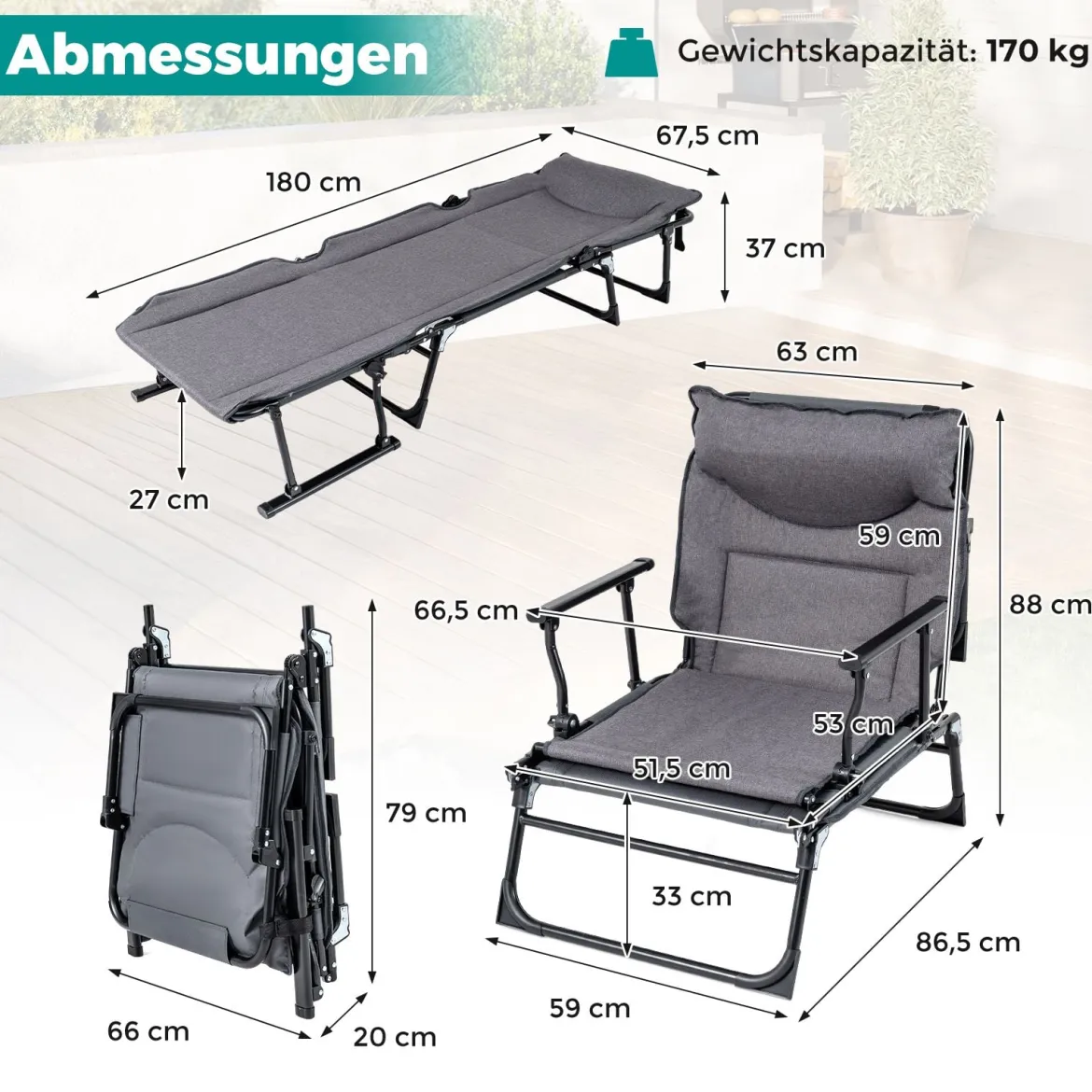 3 in 1 Gartenliege mit Kopfstütze & Verstellbarer Rückenlehne Klappbare Sonnenliege 180 x 67,5 x 37 cm