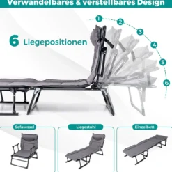 3 in 1 Gartenliege mit Kopfstütze & Verstellbarer Rückenlehne Klappbare Sonnenliege 180 x 67,5 x 37 cm