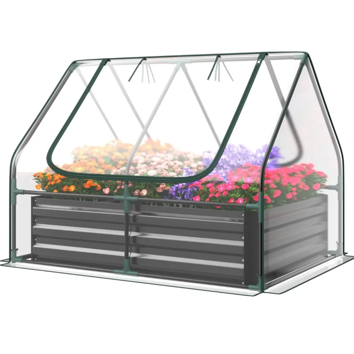 3 in 1 Gewächshaus mit Hochbeet Metall Pflanzkasten PVC-Folie Blumenbeet mit zwei Fenstern Silber 129 x 97 x 96 cm
