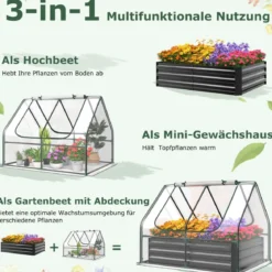 3 in 1 Gewächshaus mit Hochbeet Metall Pflanzkasten PVC-Folie Blumenbeet mit zwei Fenstern Silber 129 x 97 x 96 cm