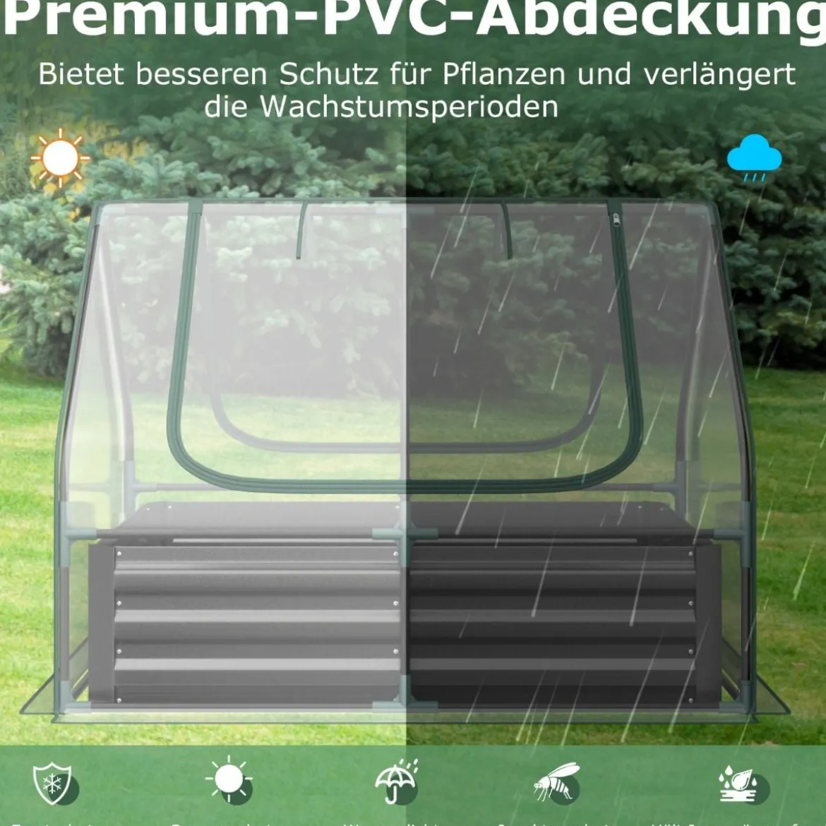 3 in 1 Gewächshaus mit Hochbeet Metall Pflanzkasten PVC-Folie Blumenbeet mit zwei Fenstern Silber 129 x 97 x 96 cm