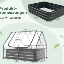 3 in 1 Gewächshaus mit Hochbeet Metall Pflanzkasten PVC-Folie Blumenbeet mit zwei Fenstern Silber 129 x 97 x 96 cm