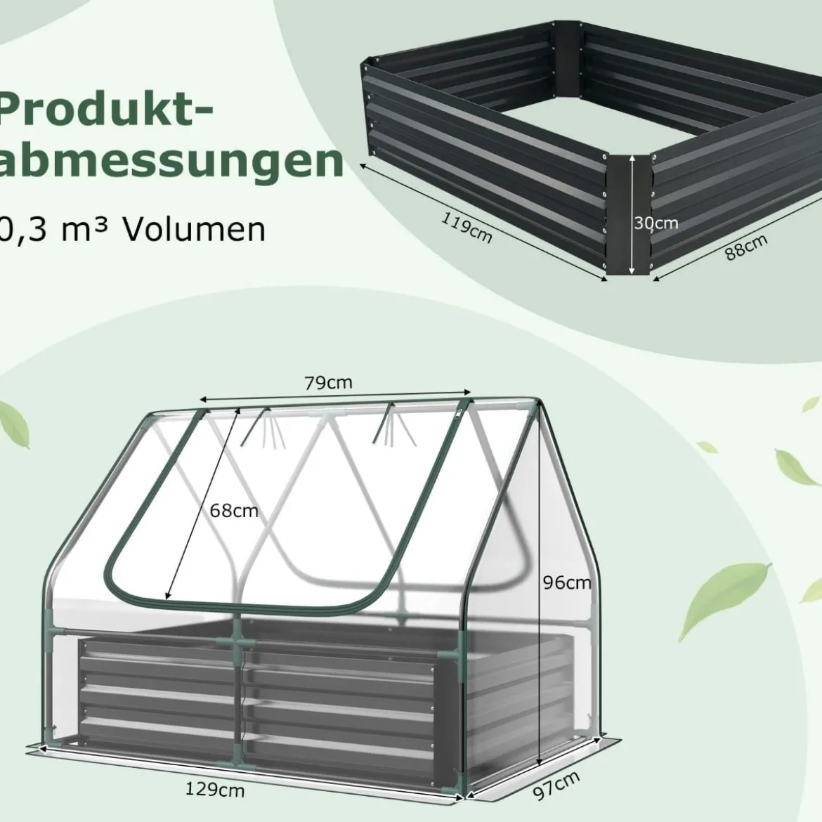 3 in 1 Gewächshaus mit Hochbeet Metall Pflanzkasten PVC-Folie Blumenbeet mit zwei Fenstern Silber 129 x 97 x 96 cm