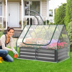 3 in 1 Gewächshaus mit Hochbeet Metall Pflanzkasten PVC-Folie Blumenbeet mit zwei Fenstern Silber 129 x 97 x 96 cm