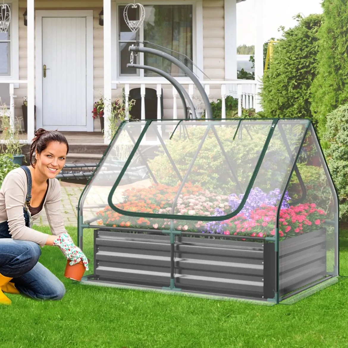 3 in 1 Gewächshaus mit Hochbeet Metall Pflanzkasten PVC-Folie Blumenbeet mit zwei Fenstern Silber 129 x 97 x 96 cm