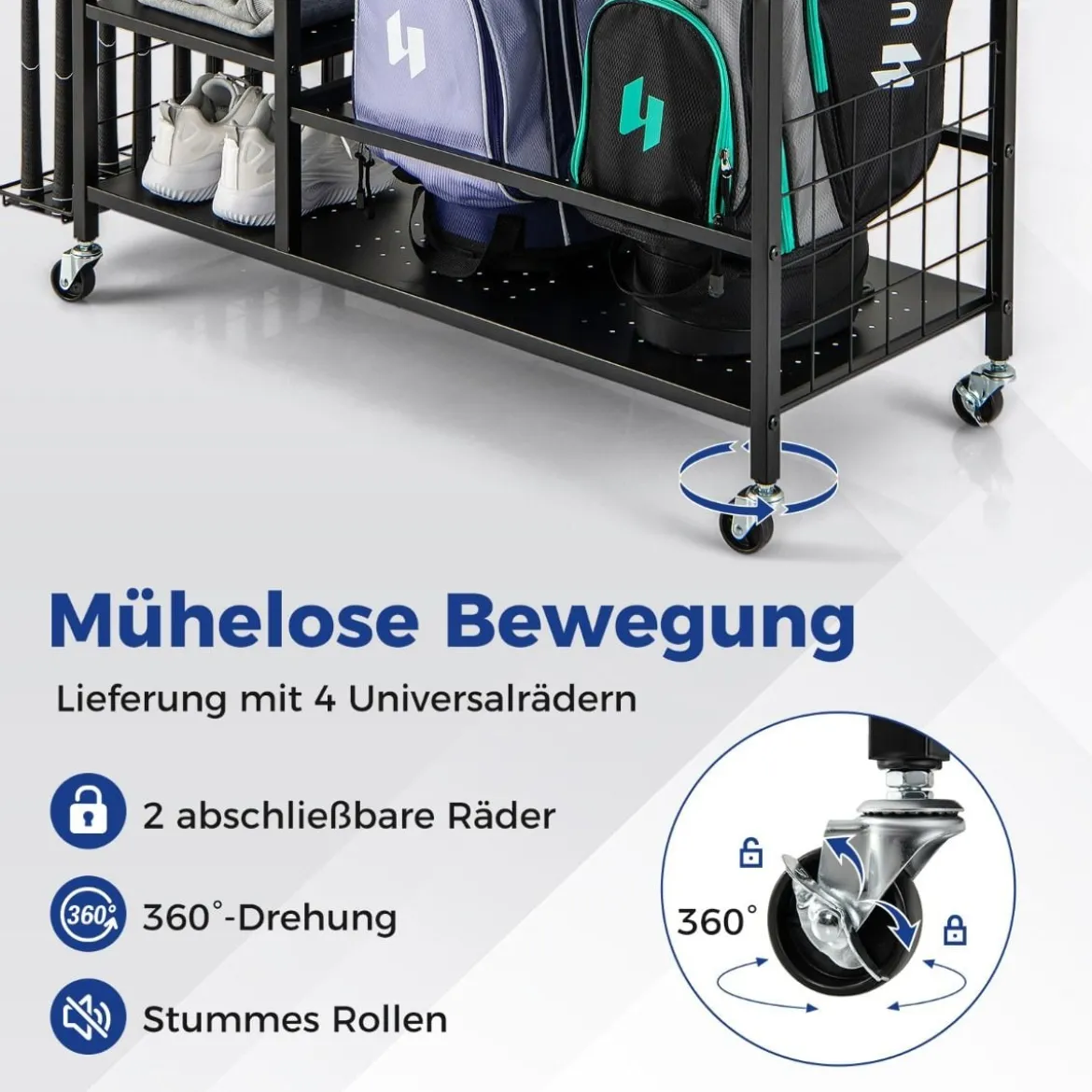 4 in 1 Golf Organizer mit Haken & Korb Golfschläger-Organizer mit Rollen