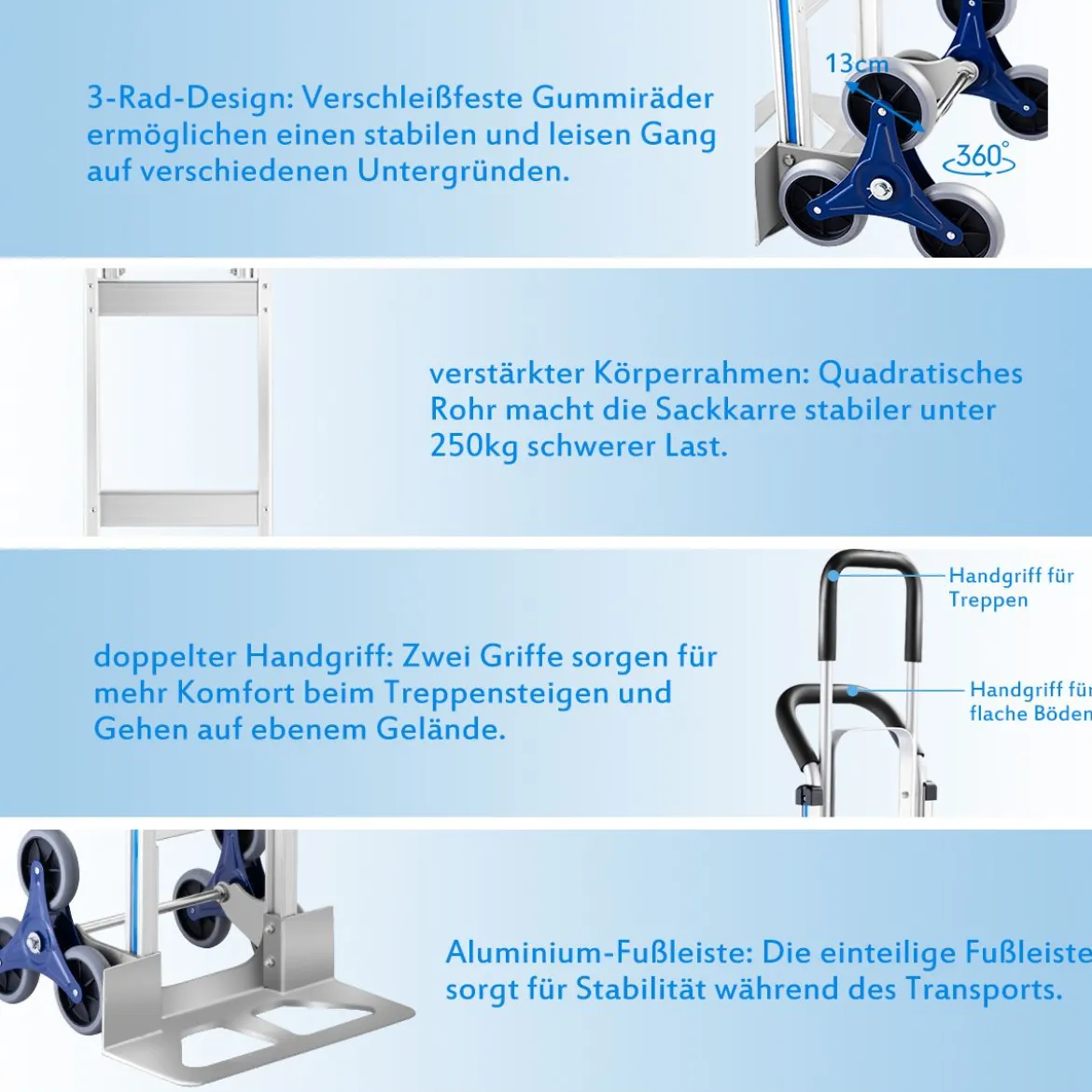 2-in-1-Handkarren aus Aluminium umwandelbarer Transportwagen zum Treppensteigen 152 x 51 x 46 cm