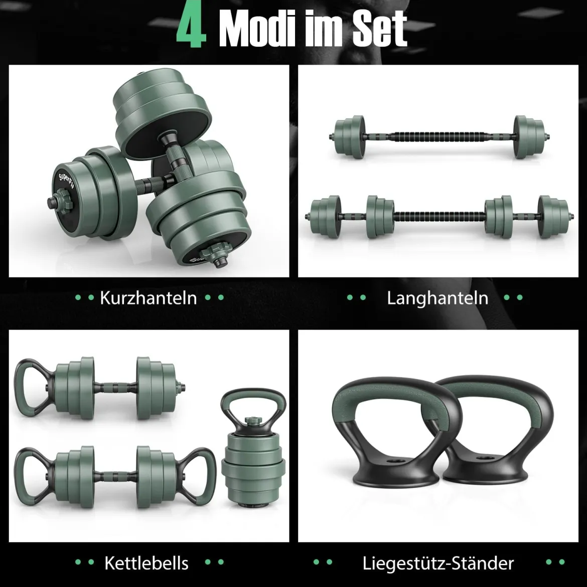 4 in 1 Hanteln Set 20 kg Verstellbares Hantelset inkl. Kunzhantel & Langhantel & Kettlebells